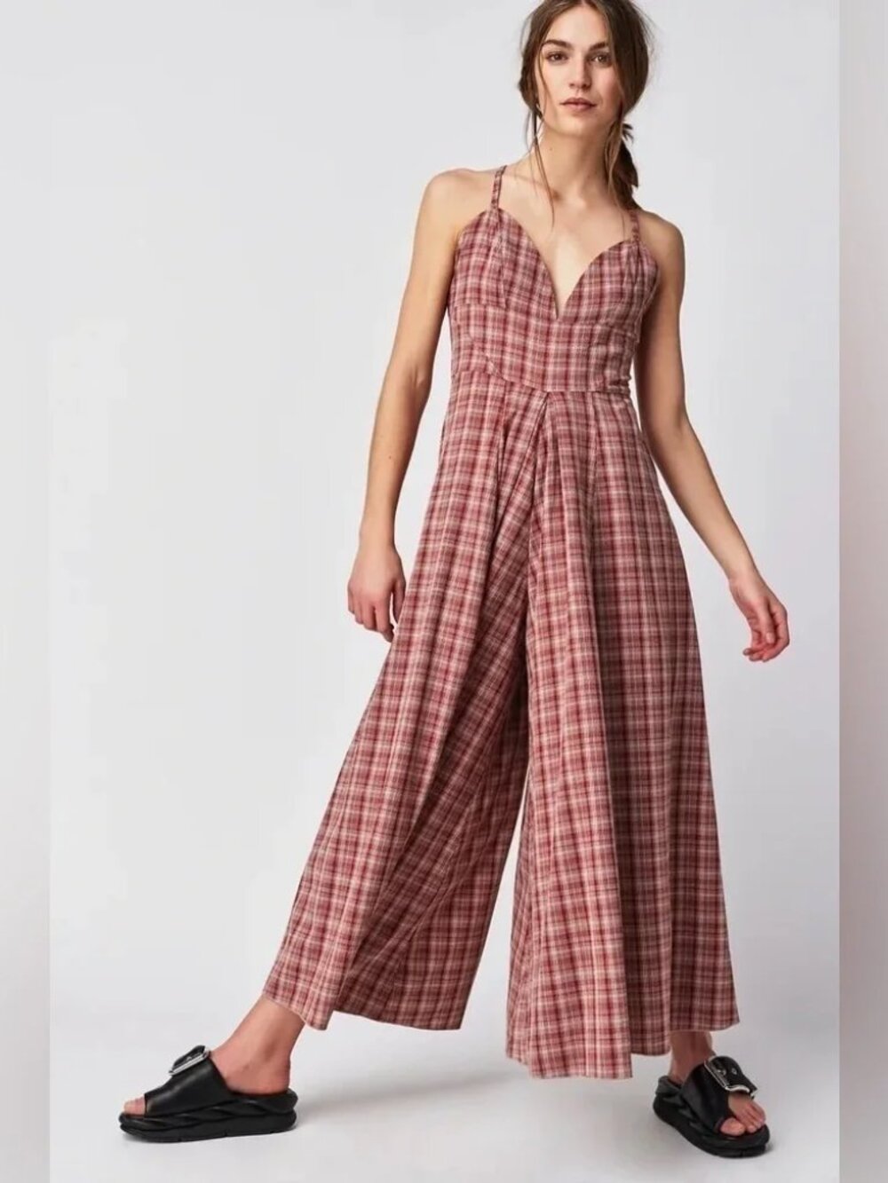 Free People Kaia Jumpsuit-Dusty Rose Plaid Combo NWT Size XS
